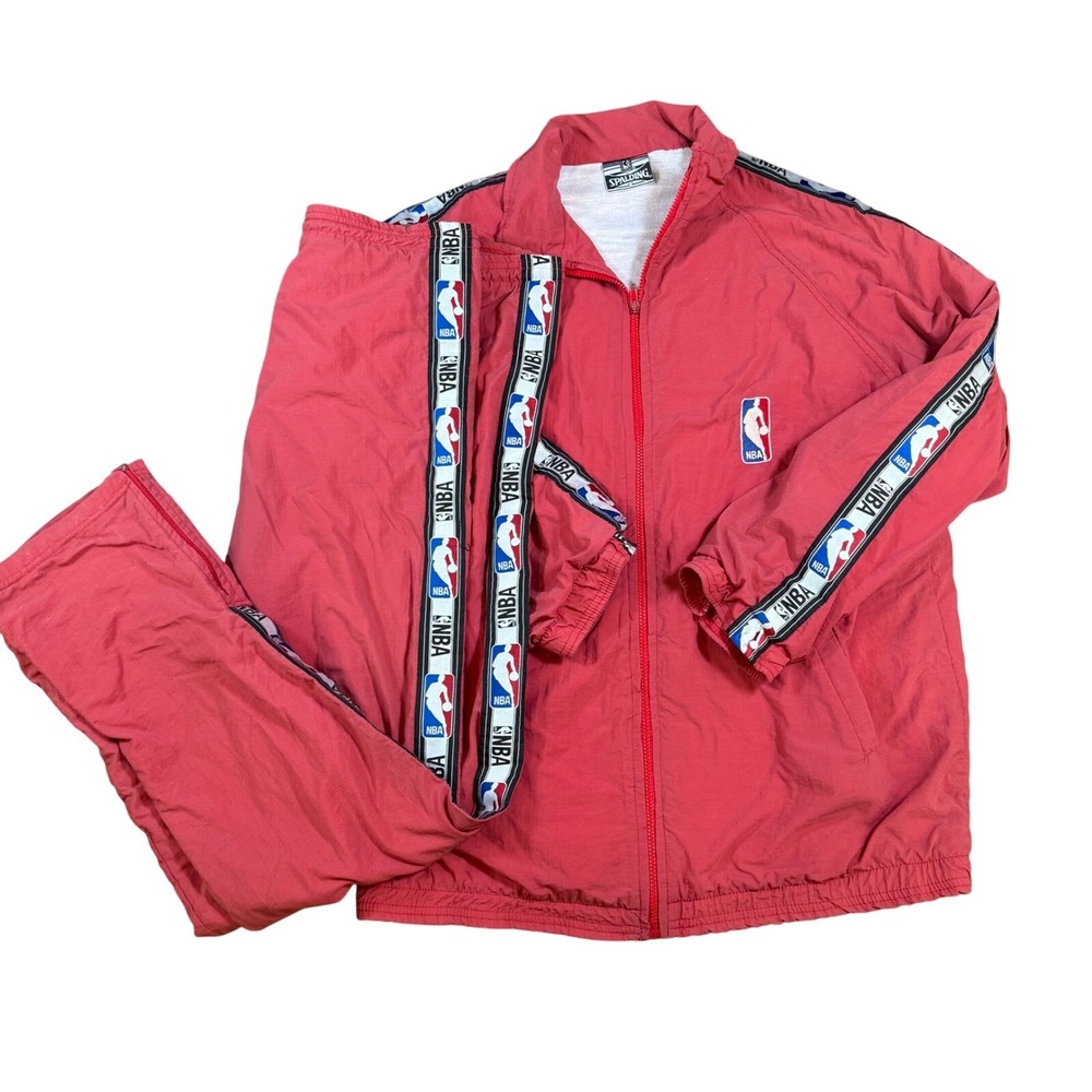 Spalding NBA Tracksuit Set Men L Red Vintage Windbreaker Pants Jacket Taping 90s